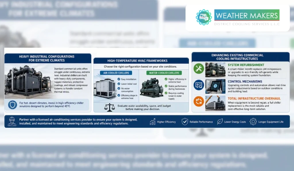 Infographic outlining heavy industrial configuration options and chiller selection frameworks comparing air cooled versus water cooled systems for extreme climates 