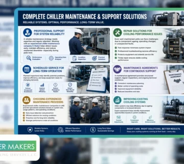 Infographic illustrating complete maintenance, repair, and support services to optimize performance and efficiency in industrial chilled water systems 