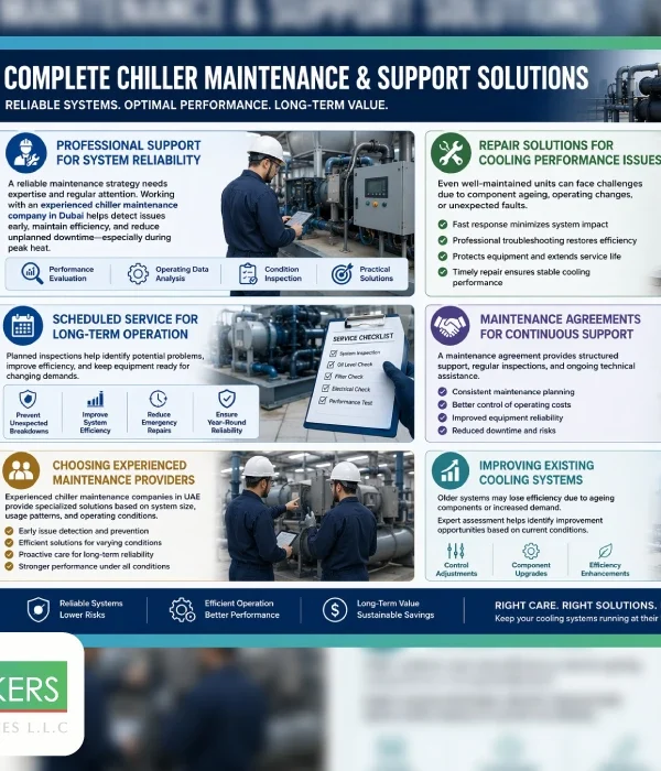 Infographic illustrating complete maintenance, repair, and support services to optimize performance and efficiency in industrial chilled water systems 