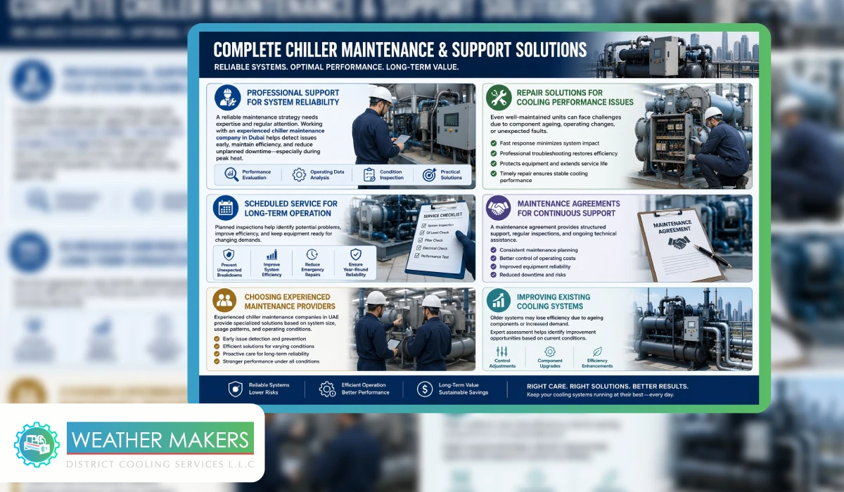 Infographic illustrating complete maintenance, repair, and support services to optimize performance and efficiency in industrial chilled water systems 