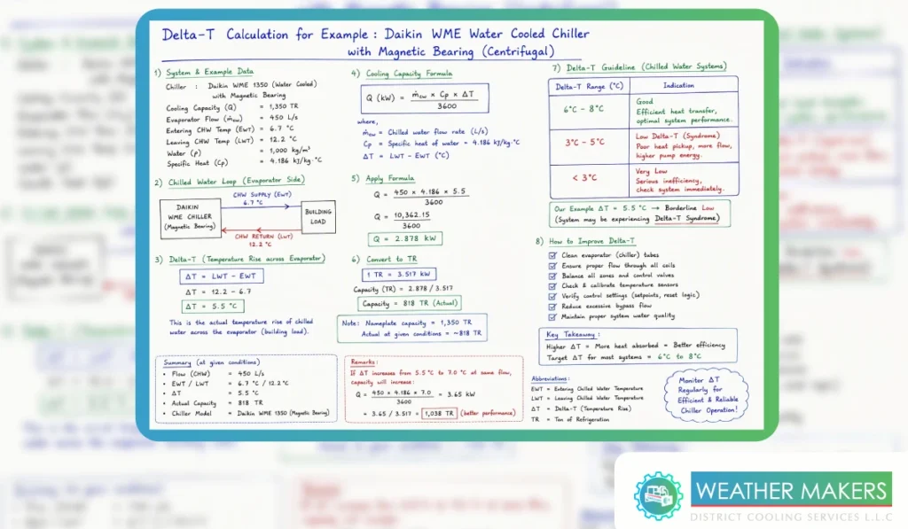 Educational diagram showing a step by step Delta T calculation for Daikin water cooled chillers operating in commercial chilled water systems 