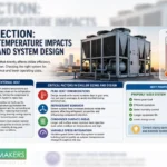 An engineering infographic explaining commercial chiller selection criteria, highlighting how high ambient temperatures impact performance, power consumption, and system sizing 