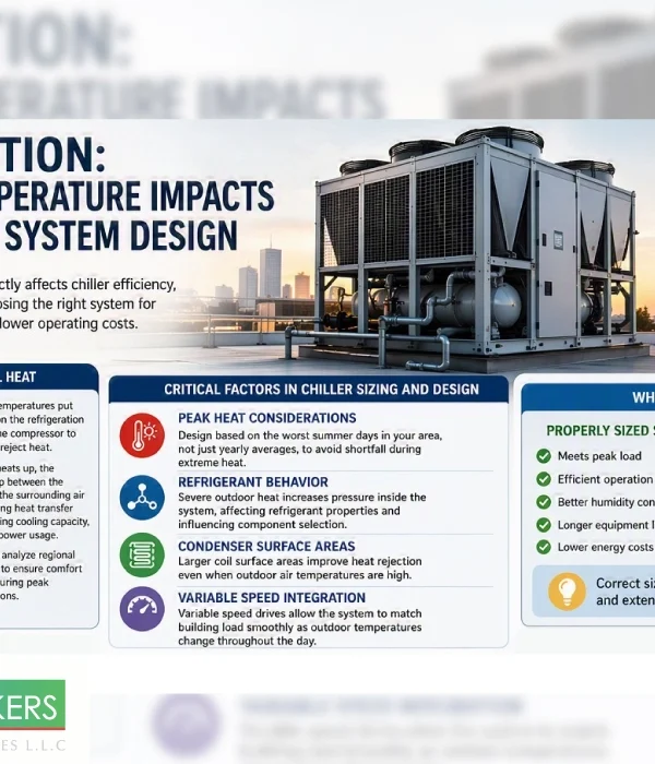 An engineering infographic explaining commercial chiller selection criteria, highlighting how high ambient temperatures impact performance, power consumption, and system sizing 