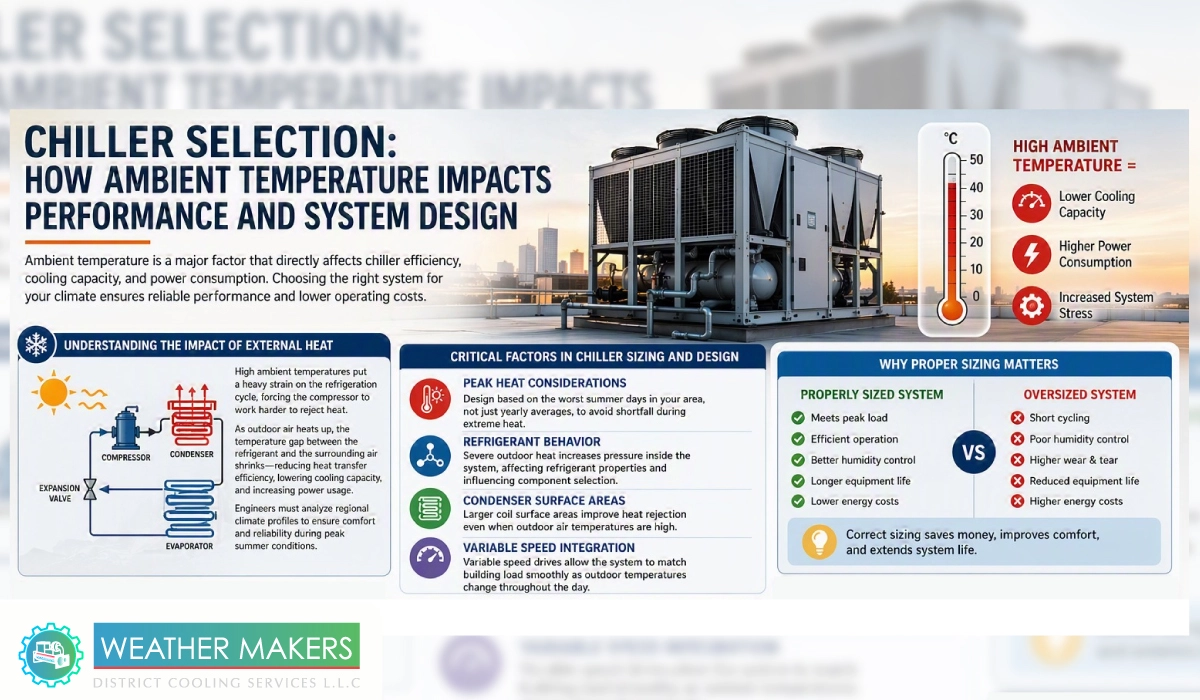 An engineering infographic explaining commercial chiller selection criteria, highlighting how high ambient temperatures impact performance, power consumption, and system sizing 