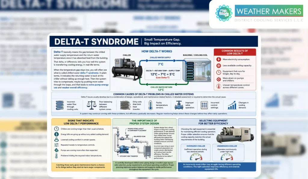 Detailed diagram explaining low Delta T syndrome, its causes, effects, and design solutions to improve efficiency in chilled water systems 