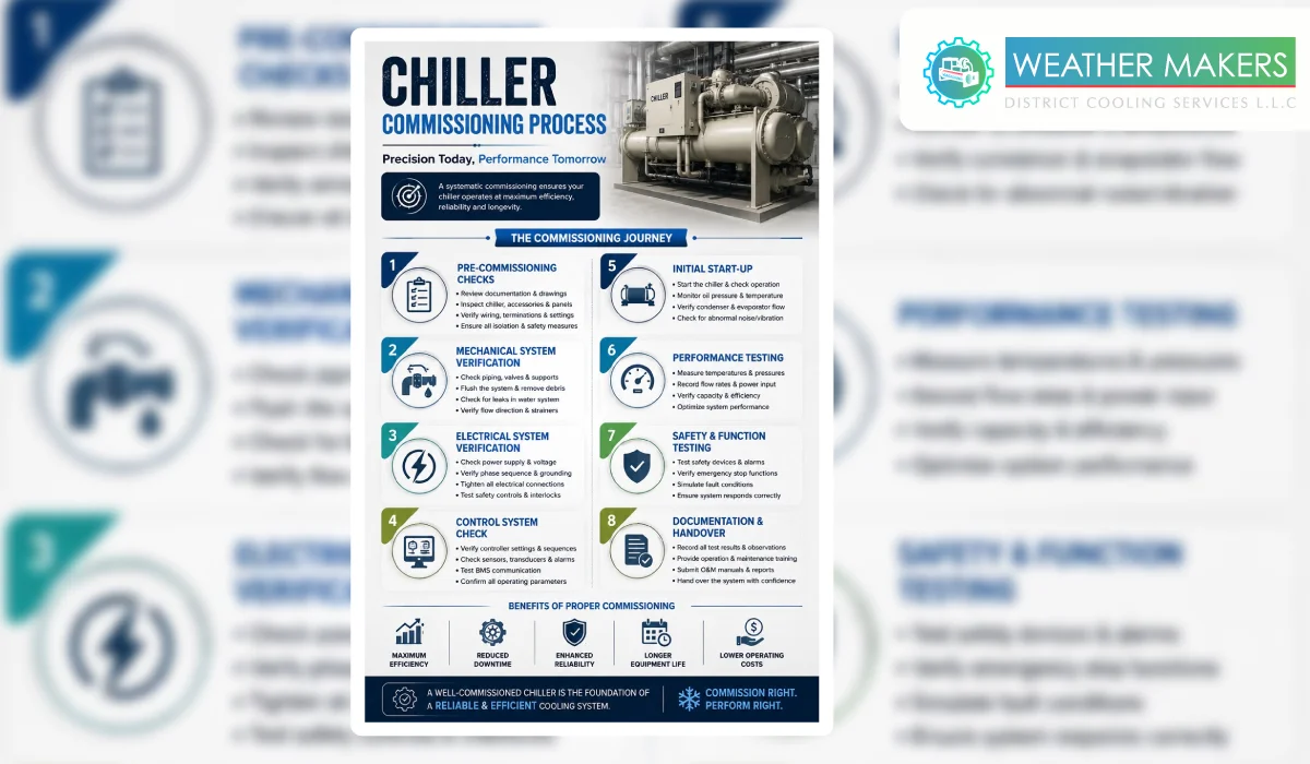 Comprehensive infographic detailing the 8 step chiller commissioning process, including pre commissioning checks, mechanical and electrical verification, initial start up, performance testing, and system handover 