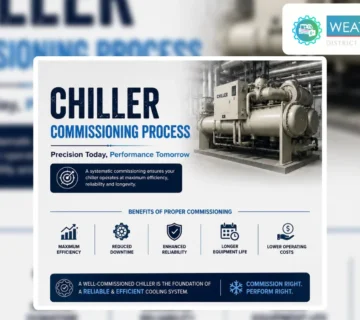 Overview card for the chiller commissioning process by Weather Makers, highlighting key benefits such as maximum efficiency, reduced downtime, enhanced reliability, and lower operating costs 