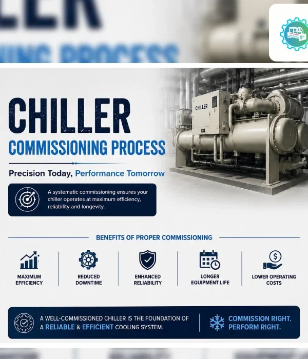 Overview card for the chiller commissioning process by Weather Makers, highlighting key benefits such as maximum efficiency, reduced downtime, enhanced reliability, and lower operating costs 