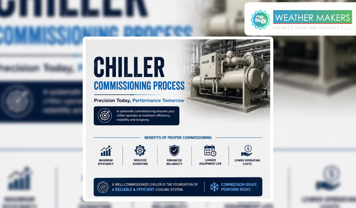 Overview card for the chiller commissioning process by Weather Makers, highlighting key benefits such as maximum efficiency, reduced downtime, enhanced reliability, and lower operating costs 
