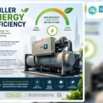 Infographic on chiller energy efficiency featuring a Trane industrial chiller and highlighting benefits like lower energy consumption, optimized performance, and cost savings 