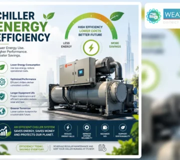 Infographic on chiller energy efficiency featuring a Trane industrial chiller and highlighting benefits like lower energy consumption, optimized performance, and cost savings 