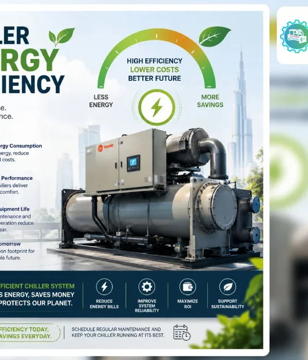 Infographic on chiller energy efficiency featuring a Trane industrial chiller and highlighting benefits like lower energy consumption, optimized performance, and cost savings 