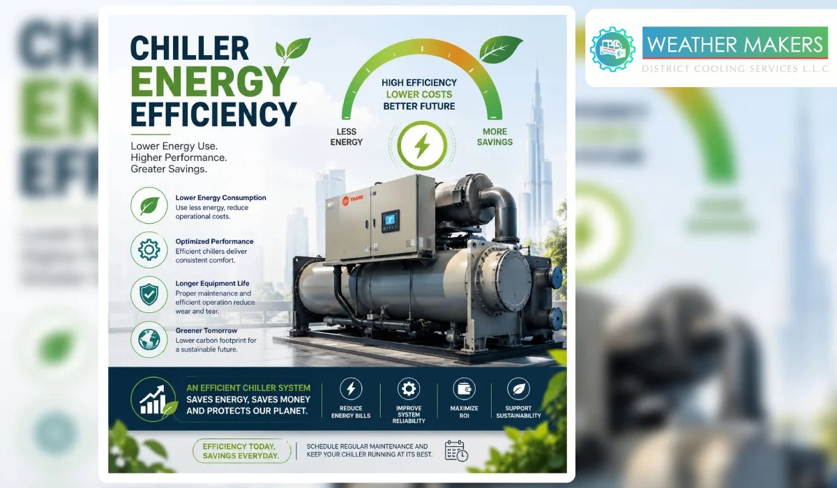 Chiller Energy Efficiency: The Role of High-Efficiency Chillers in HVAC Decarbonization Infographic on chiller energy efficiency featuring a Trane industrial chiller and highlighting benefits like lower energy consumption, optimized performance, and cost savings